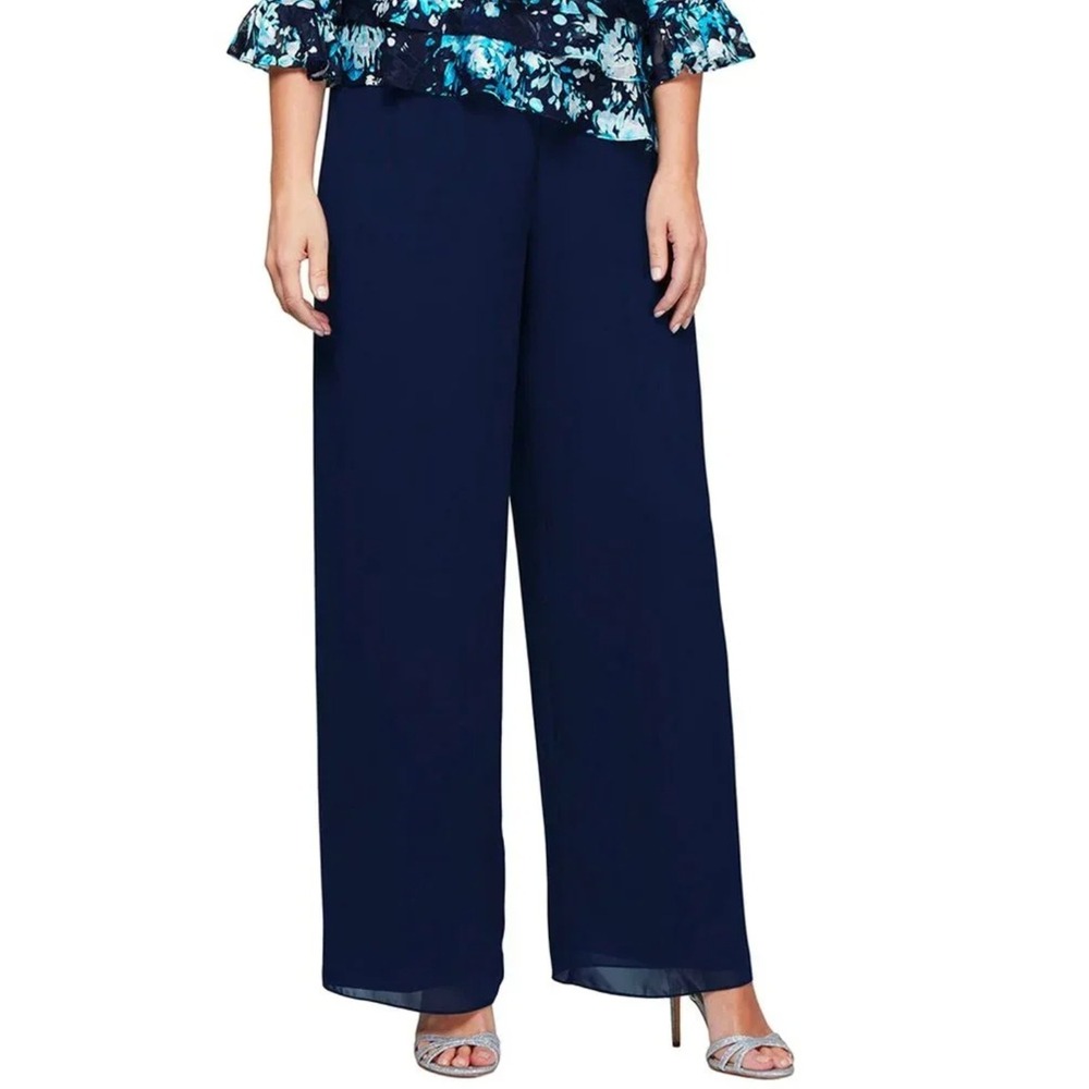 Alex Evenings Womens Chiffon Wide Leg Pants Size XL Navy Blue Formal Wedding